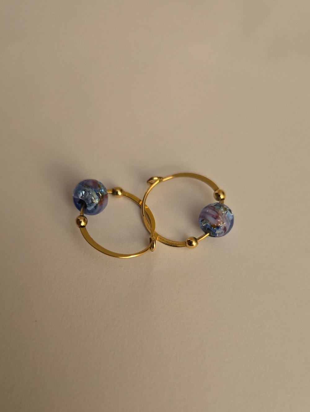 Gold Hoop Earrings with Blue Glass Beads - Women Jewelry